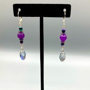 Purple Ruby & Crystal Bead Drop Earrings